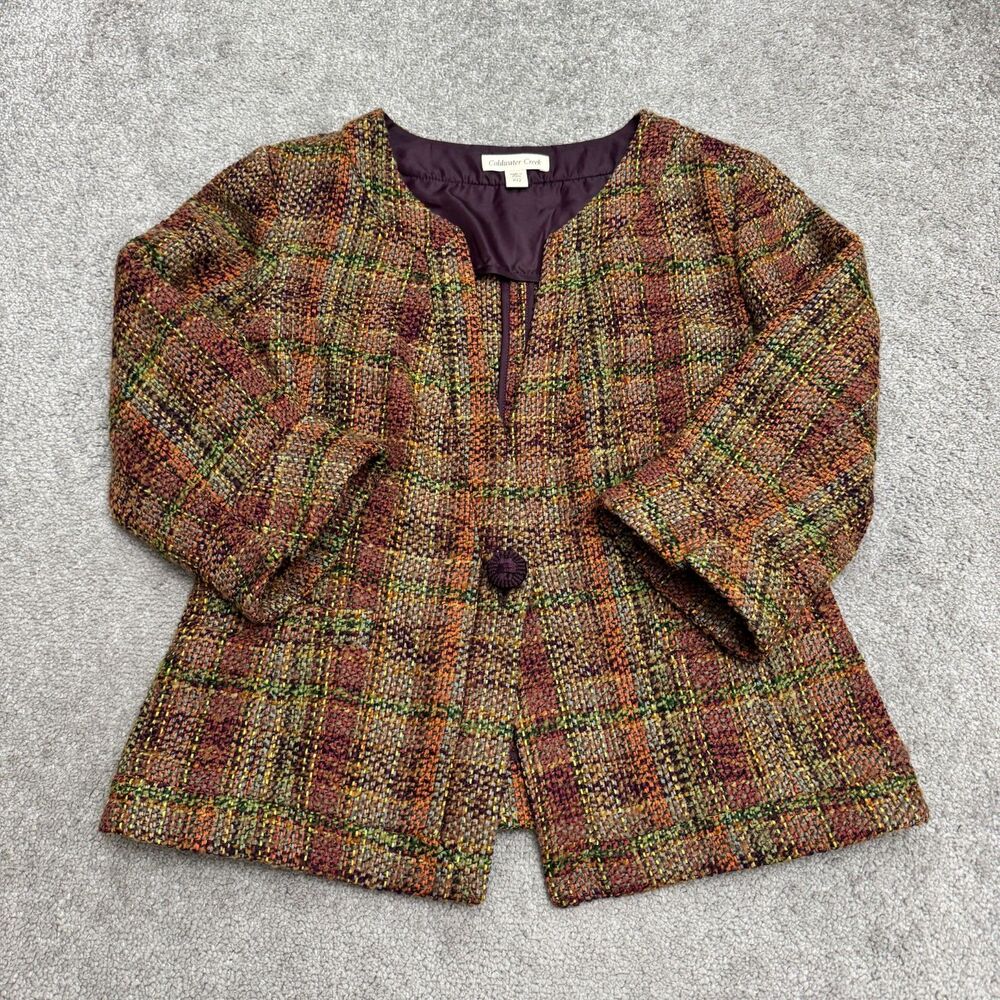 Coldwater Creek Tweed Blazer Jacket Womens P12 Brown Plaid Wool Blend Collarless